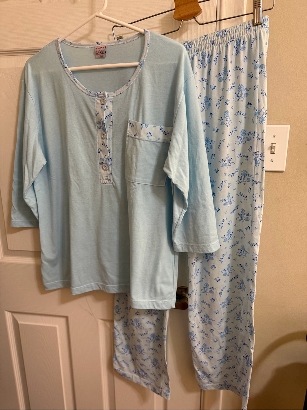 Light Blue Floral Trim Pajama Set